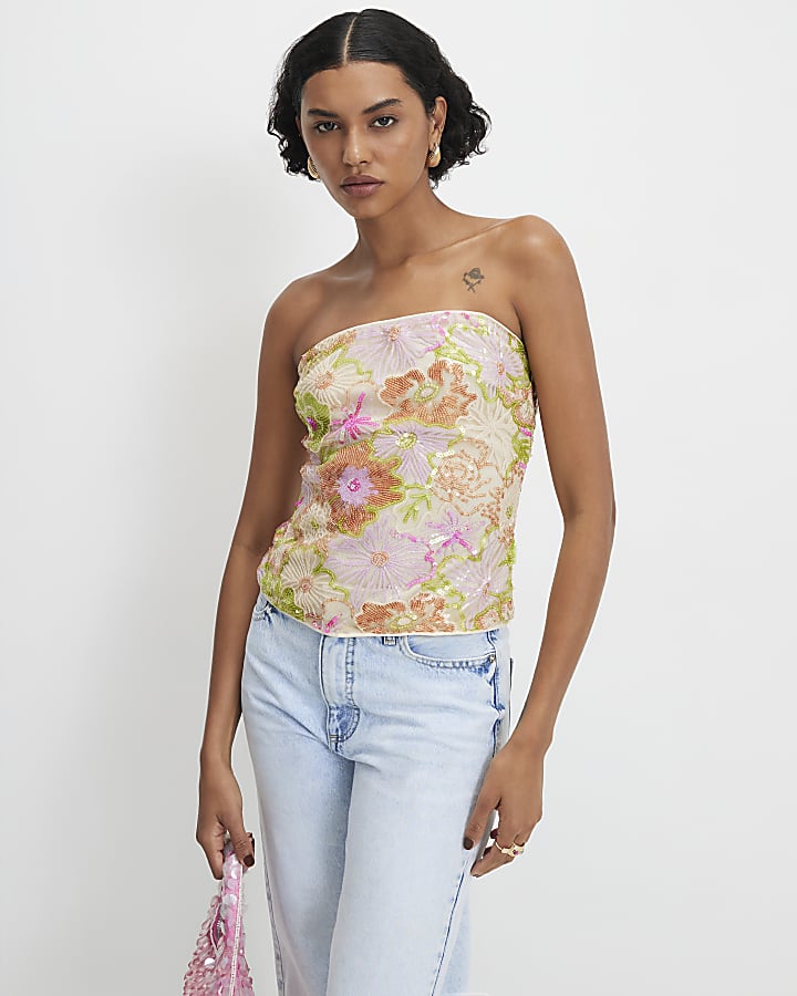 Orange Floral Sequin Bandeau Top