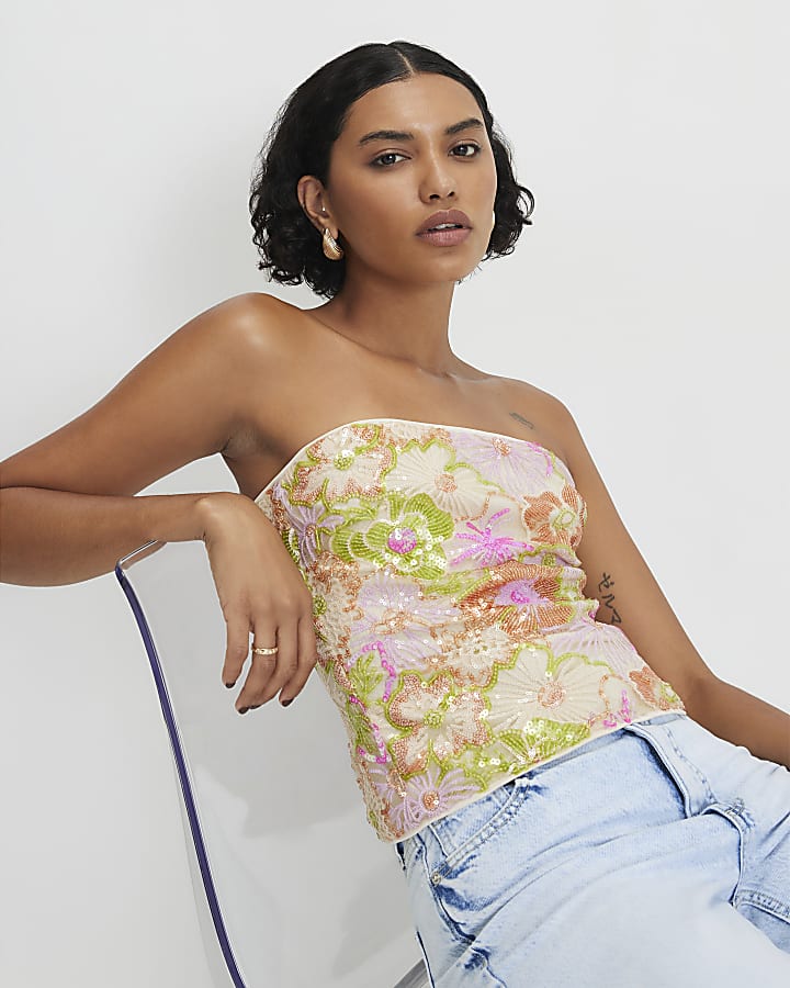 Orange Floral Sequin Bandeau Top