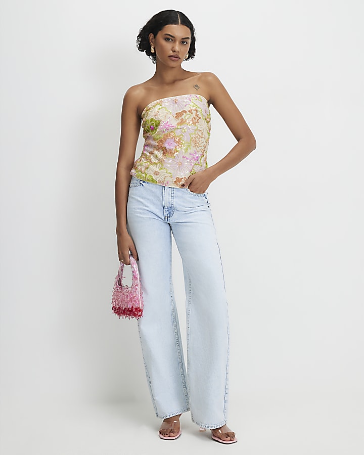 Orange Floral Sequin Bandeau Top