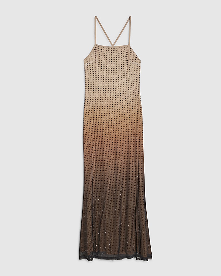 Beige Sleeveless Diamante Maxi Dress