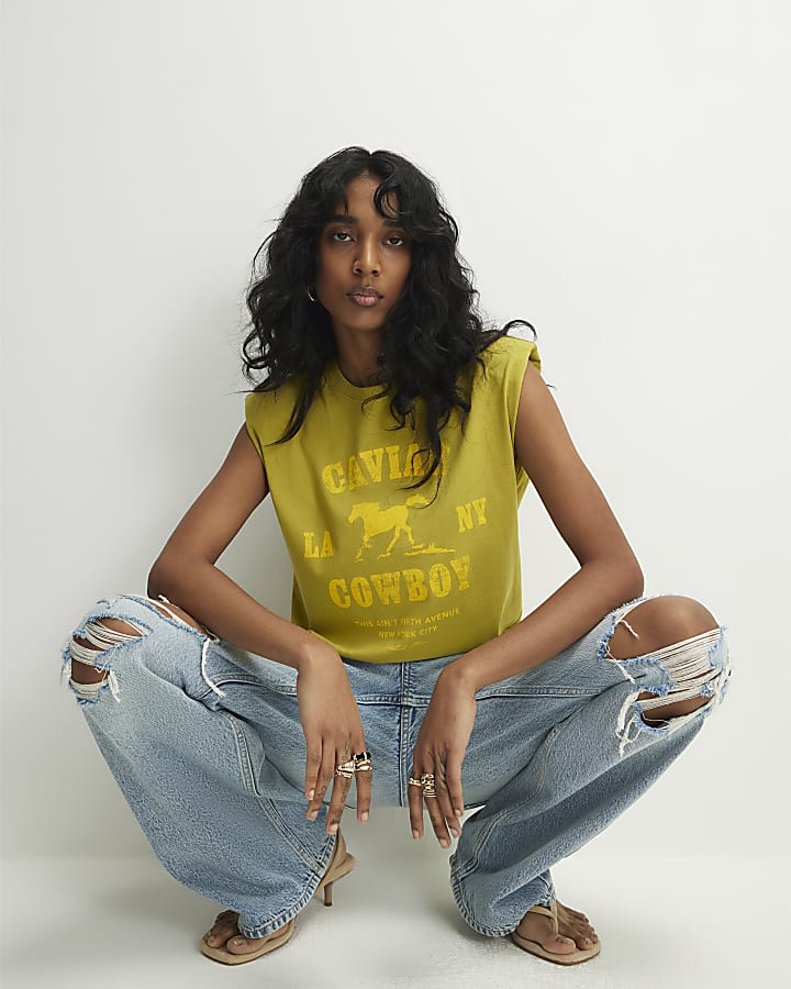 Khaki Sleeveless Shoulder Pad Rodeo T-Shirt