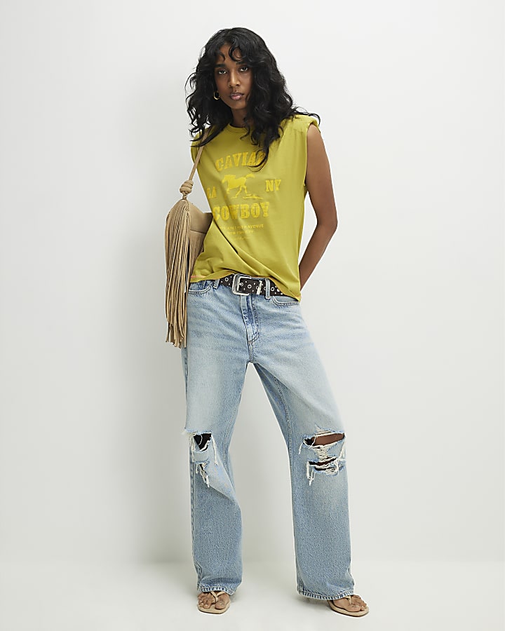 Khaki Sleeveless Shoulder Pad Rodeo T-Shirt