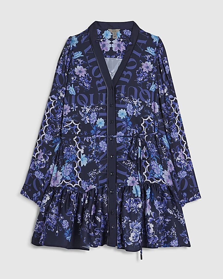 Blue Floral Mini Shirt Dress