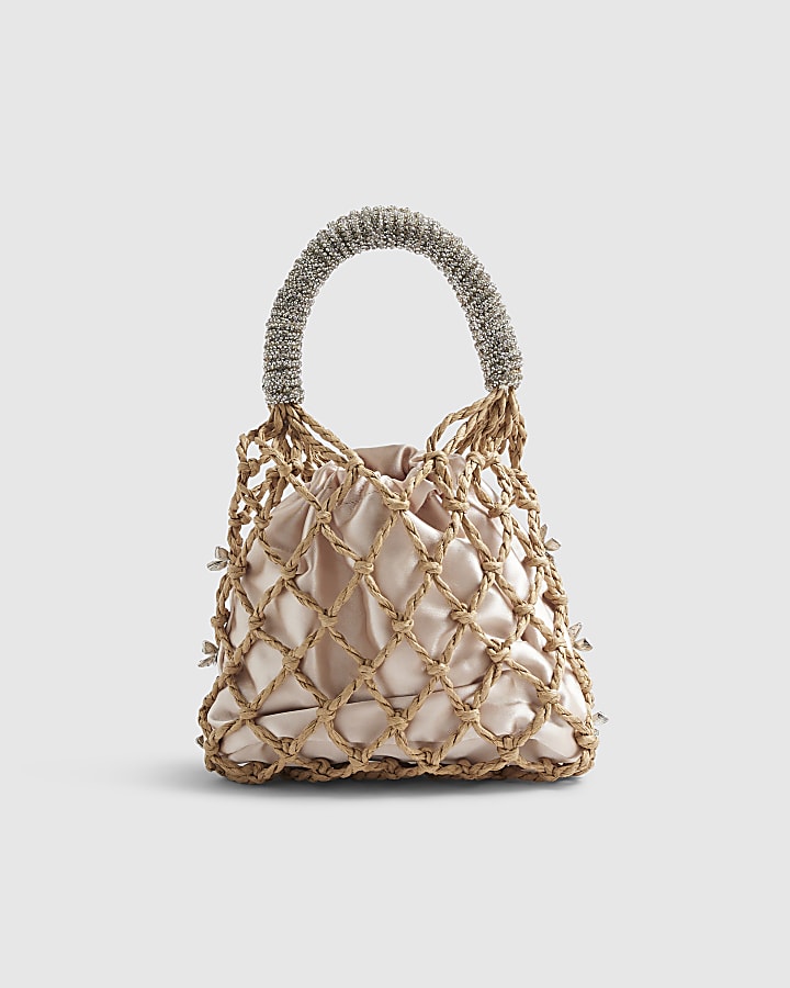 Beige Woven Raffia Flower Cage Clutch Bag