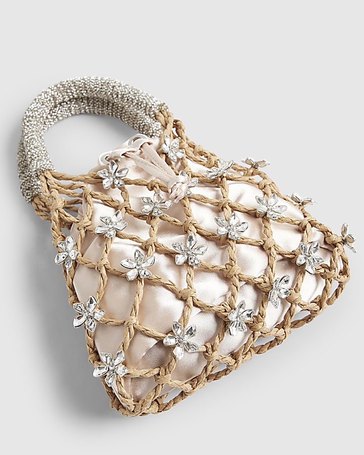 Beige Woven Raffia Flower Cage Clutch Bag