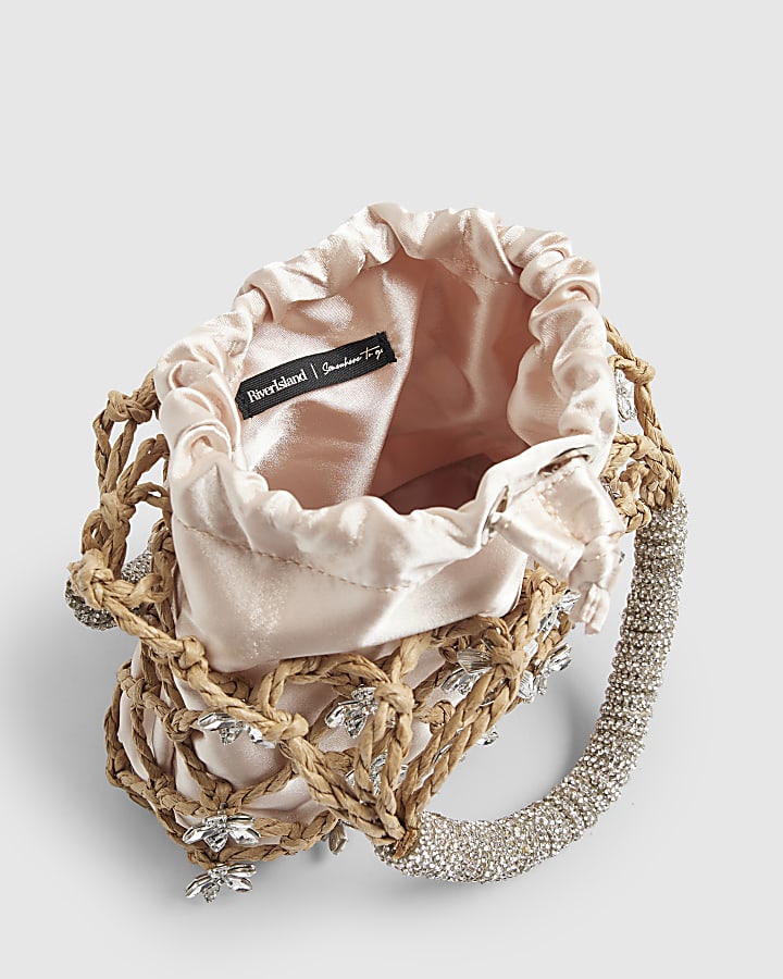 Beige Woven Raffia Flower Cage Clutch Bag