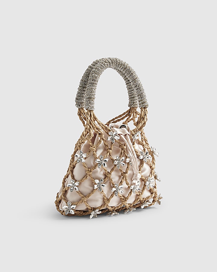 Beige Woven Raffia Flower Cage Clutch Bag