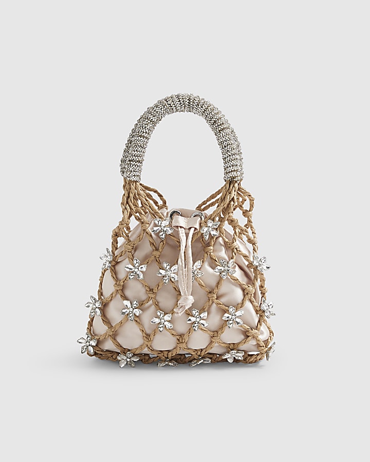 Beige Woven Raffia Flower Cage Clutch Bag