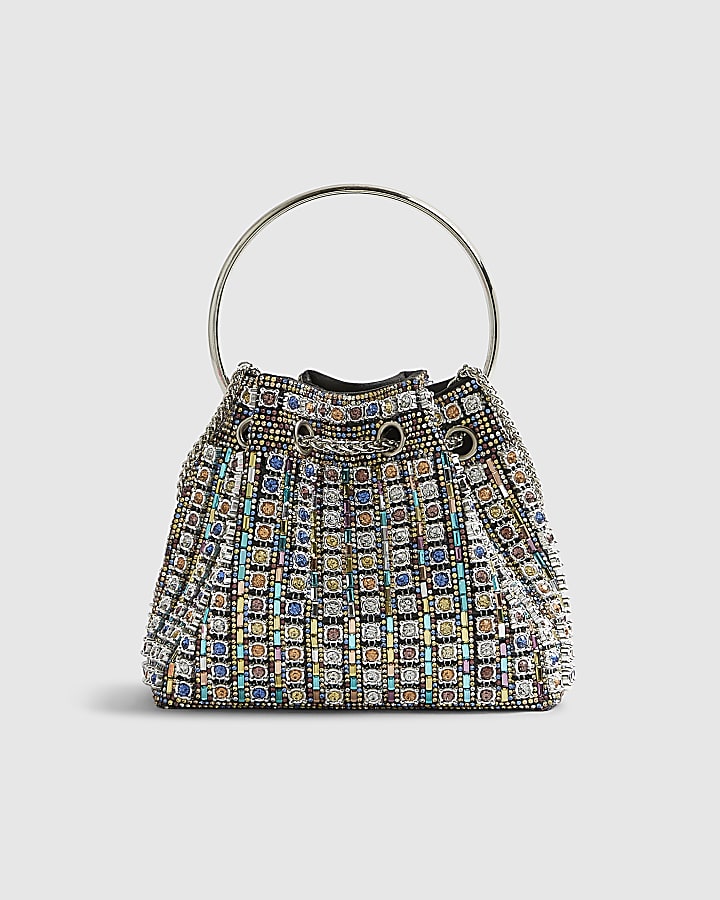 Silver Diamante Bucket Clutch Bag