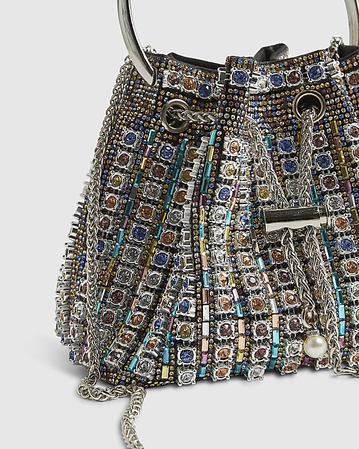 Silver Diamante Bucket Clutch Bag