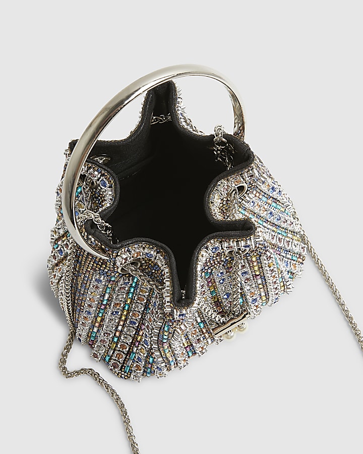 Silver Diamante Bucket Clutch Bag