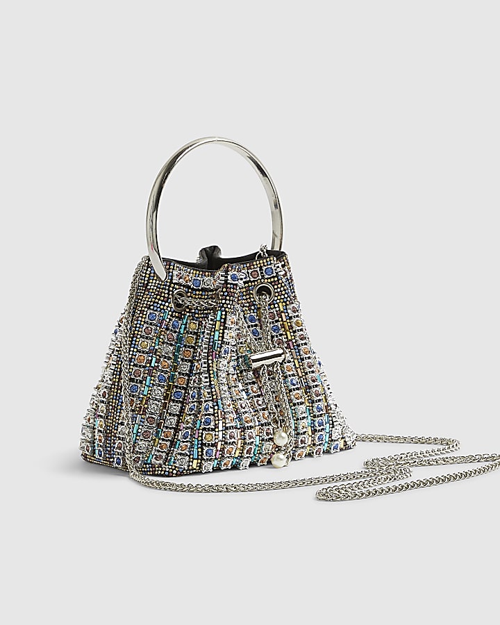 Silver Diamante Bucket Clutch Bag