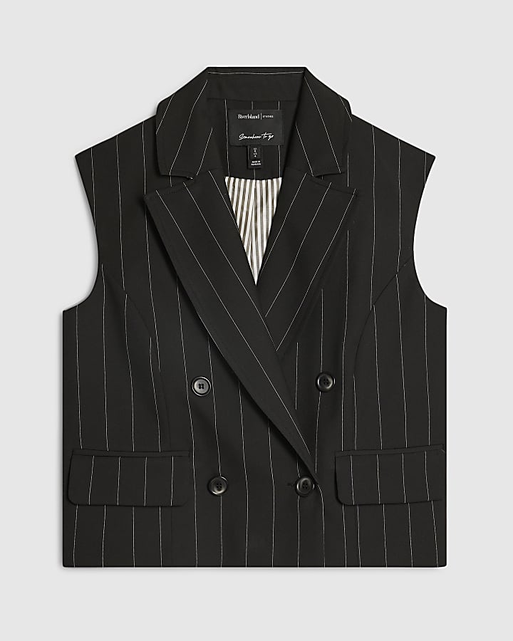 Black Boxy Fit Pinstripe Waistcoat