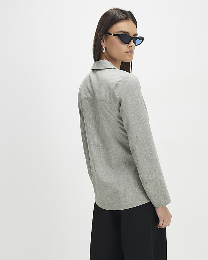 Grey Long Sleeve Twisted Collared Top