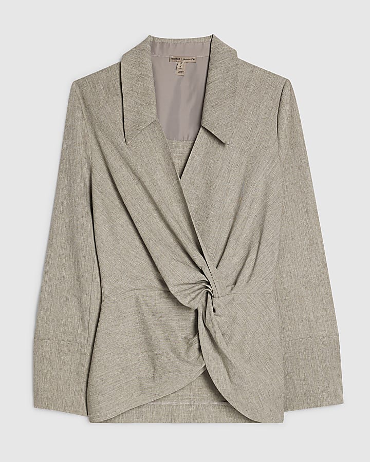 Grey Long Sleeve Twisted Collared Top