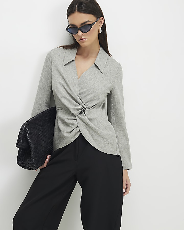 Grey Long Sleeve Twisted Collared Top