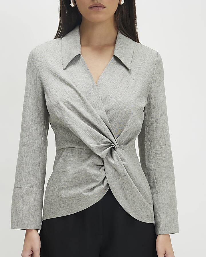 Grey Long Sleeve Twisted Collared Top