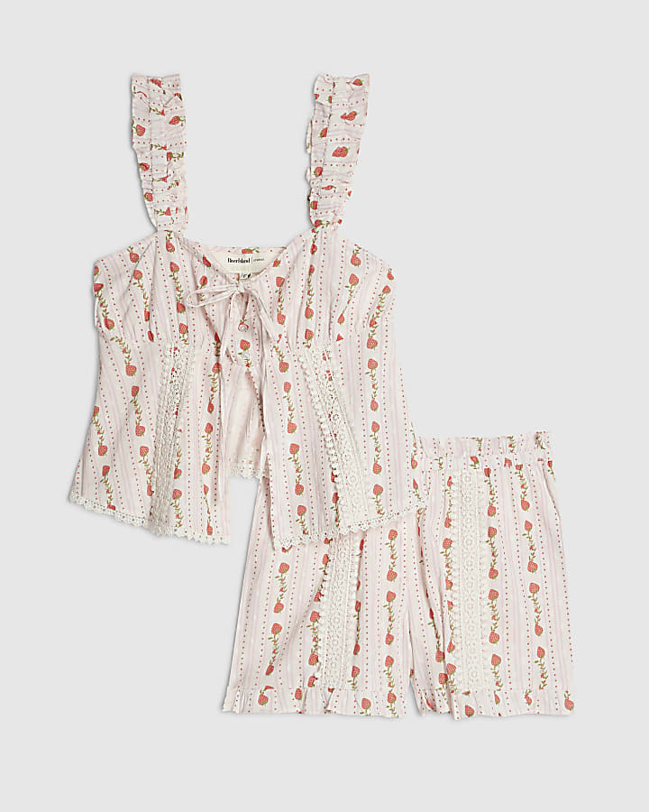 Pink Strawberry Frill Cami Top Pyjamas Set