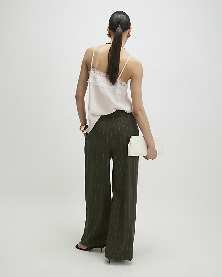 Green pinstripe wide leg trousers