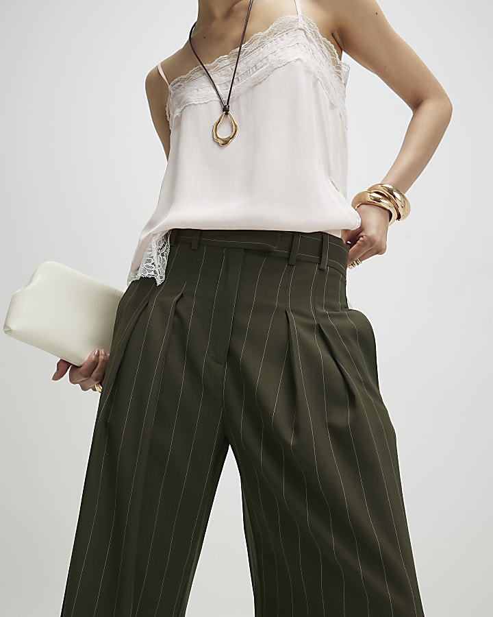 Green pinstripe wide leg trousers