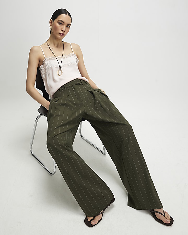 Green pinstripe wide leg trousers
