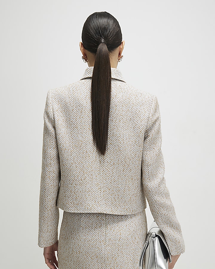 Beige Herringbone Pocket Detail Jacket