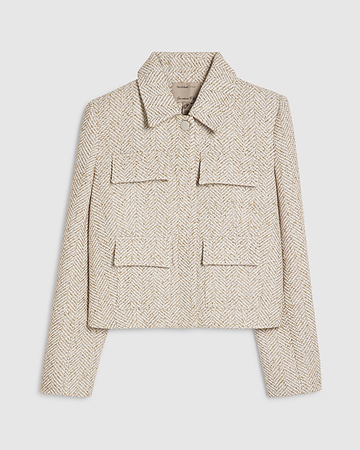 Beige Herringbone Pocket Detail Jacket