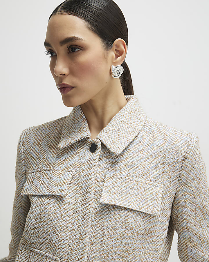 Beige Herringbone Pocket Detail Jacket