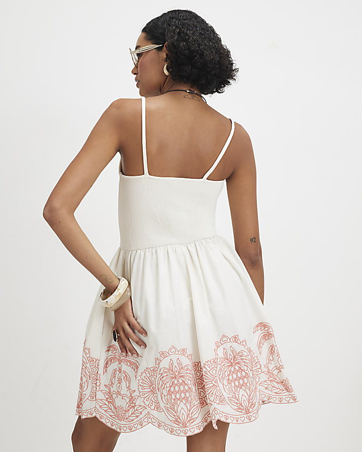 Cream Embroidered Palm Tree Hem Mini Dress