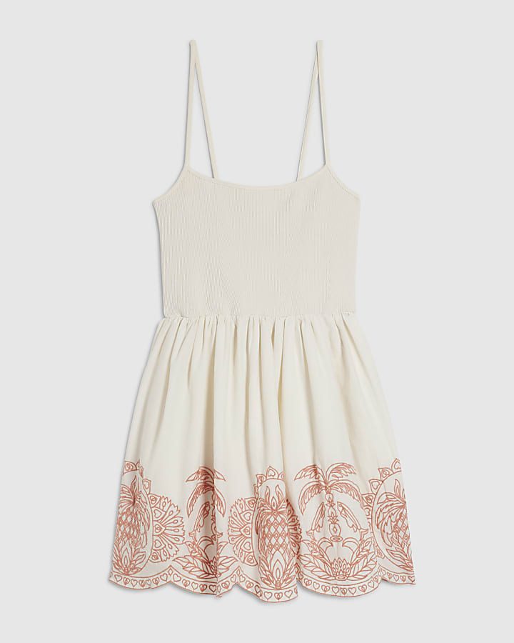 Cream Embroidered Palm Tree Hem Mini Dress