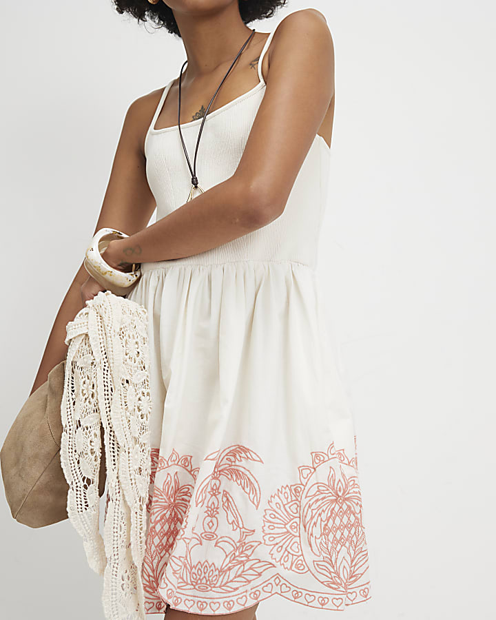 Cream Embroidered Palm Tree Hem Mini Dress