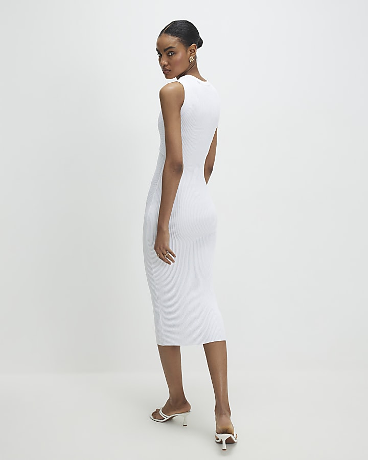 White Knitted Sleeveless Midi Dress