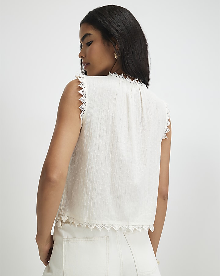Cream Cotton Sleeveless Textured Blouse