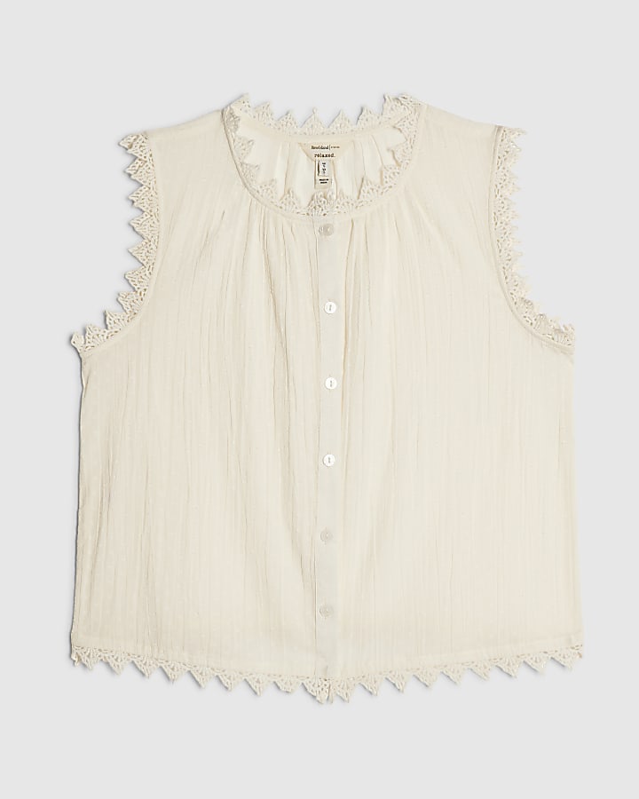 Cream Cotton Sleeveless Textured Blouse
