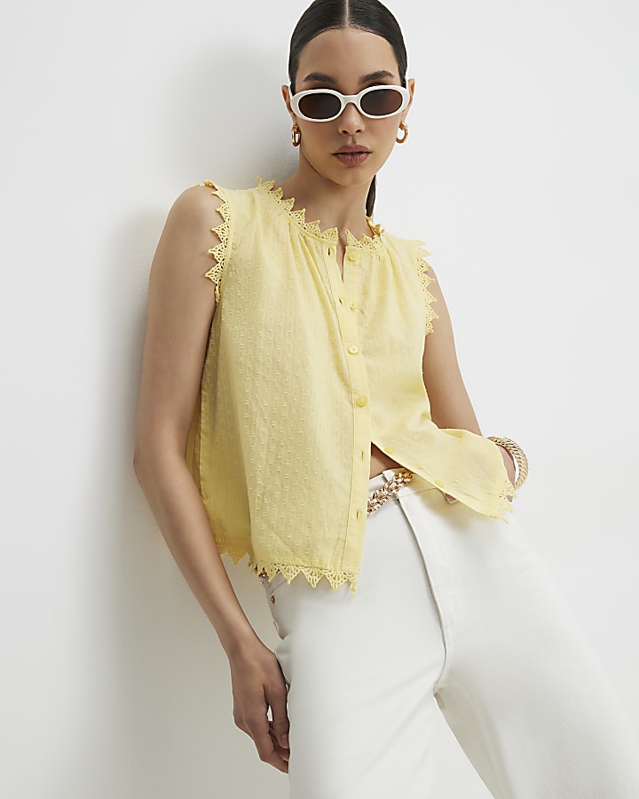 Yellow Cotton Sleeveless Textured Blouse