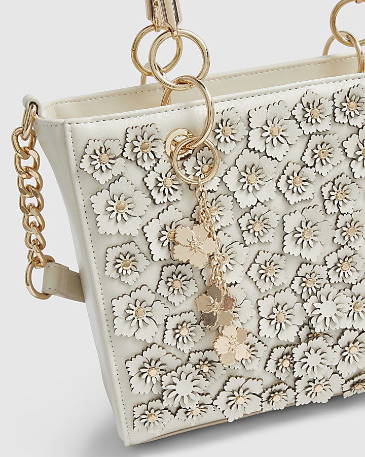 Cream Floral Applique Tote Bag