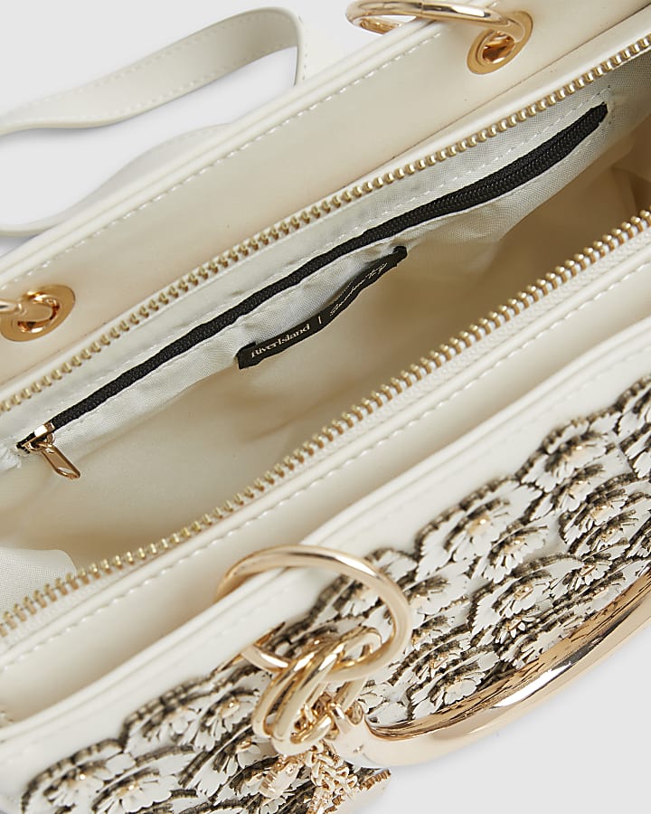 Cream Floral Applique Tote Bag