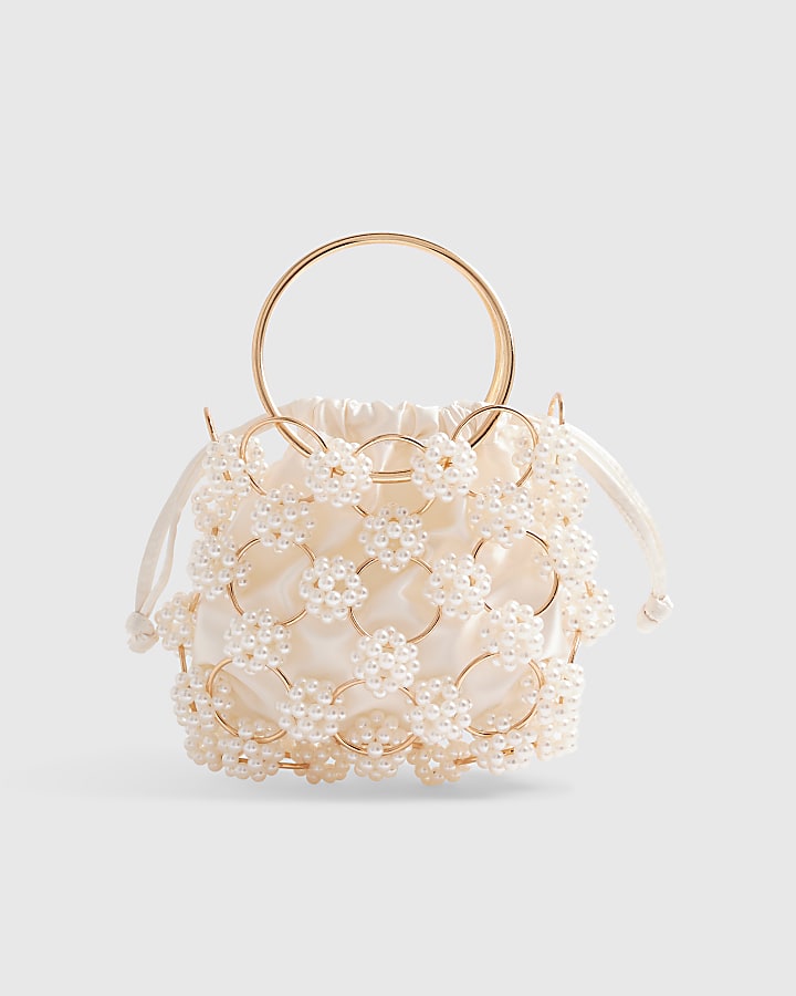 Cream Pearl Metal Ring Handle Clutch Bag