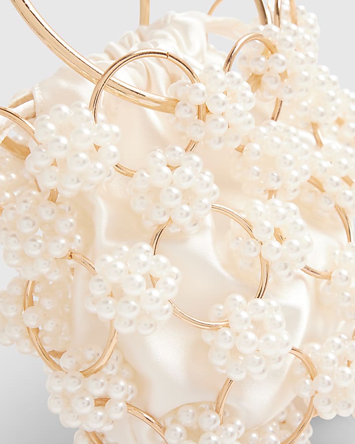 Cream Pearl Metal Ring Handle Clutch Bag