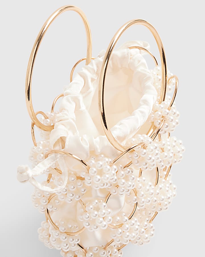 Cream Pearl Metal Ring Handle Clutch Bag
