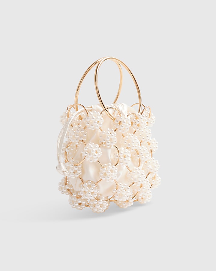 Cream Pearl Metal Ring Handle Clutch Bag