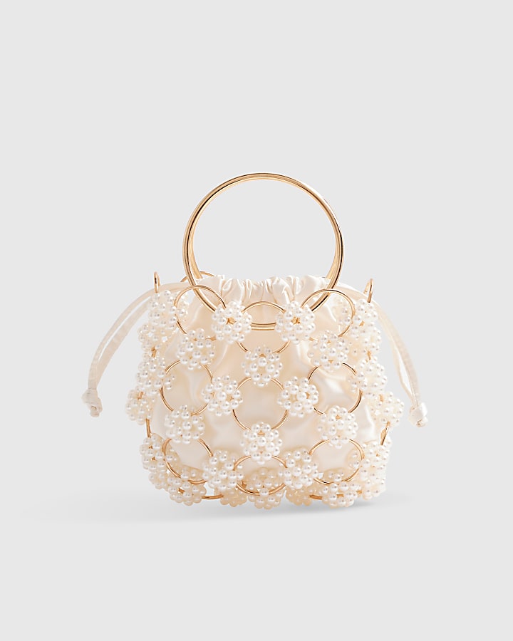 Cream Pearl Metal Ring Handle Clutch Bag