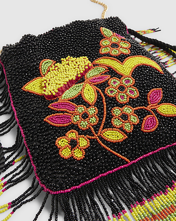 Black Fringe Beaded Drawstring Bag