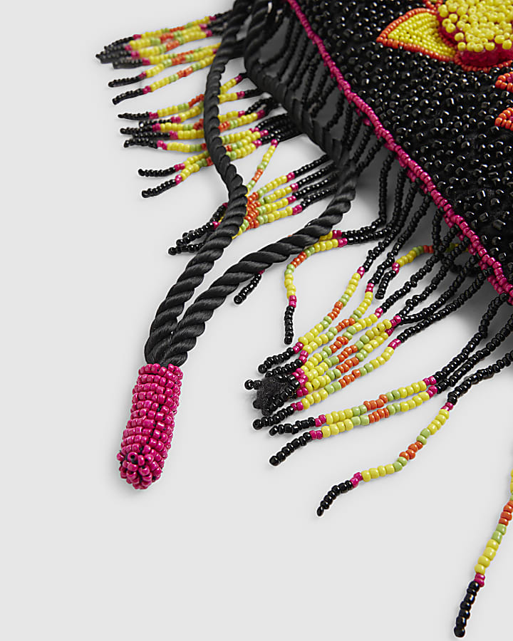Black Fringe Beaded Drawstring Bag