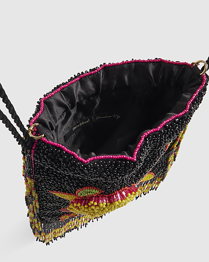 Black Fringe Beaded Drawstring Bag