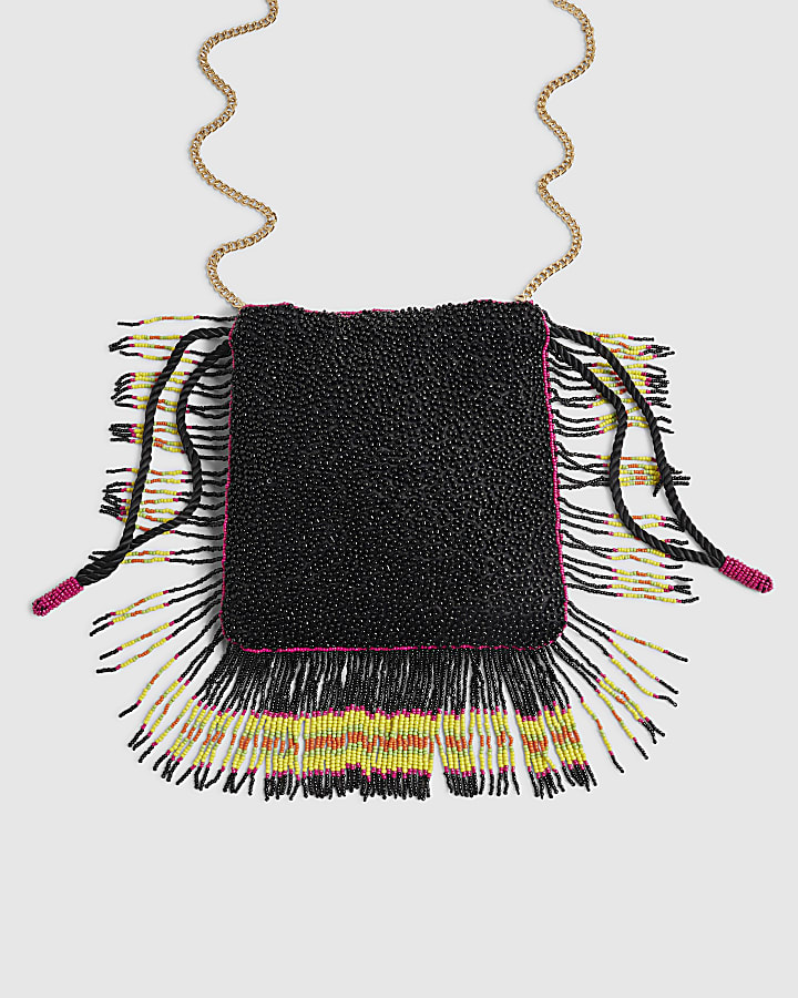 Black Fringe Beaded Drawstring Bag