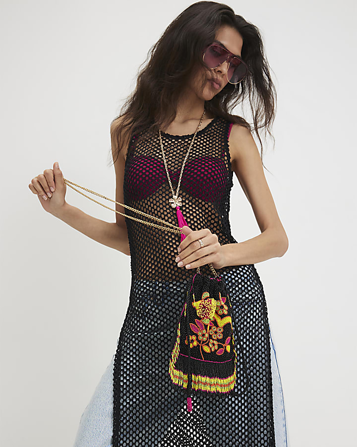 Black Fringe Beaded Drawstring Bag