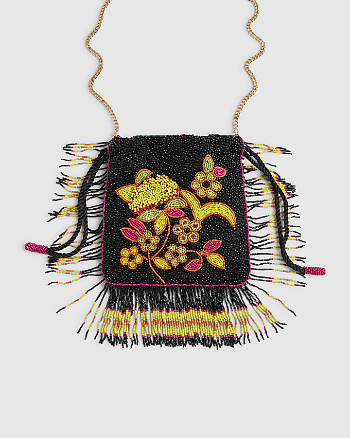 Black Fringe Beaded Drawstring Bag