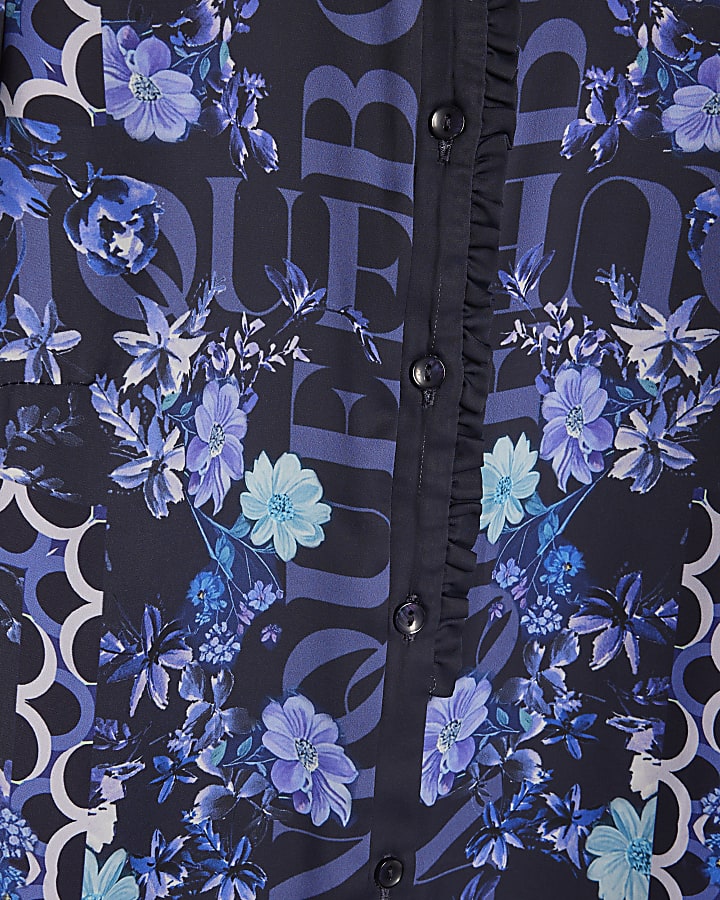 Blue Floral Long Sleeve Ruffle Blouse