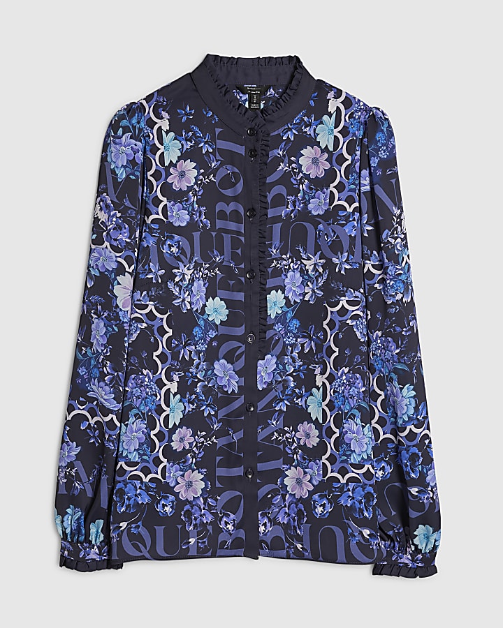Blue Floral Long Sleeve Ruffle Blouse